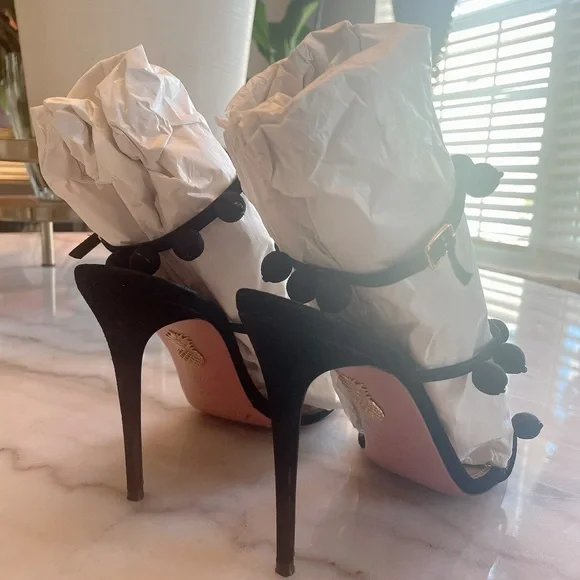 Aquazzura Black Pom Pom Sandals - Picture 8 of 11